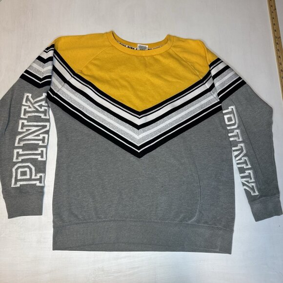 Victoria’s Secret Pink Campus Crew Golden Glow Sweater XS Glitter Gray Yellow - Picture 1 of 10
